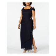 ALEX EVENINGS Womens Navy Embellished Cold Shoulder Short Sleeve Cowl Neck Full-Length Evening Wrap Dress Plus 16W